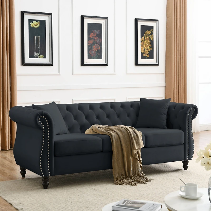 Simplie Fun Black Velvet Chesterfield Sofa with Tufted Couch, Rolled Arms, Nailhead, 3 Seater, 2 Pillows