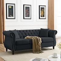 Simplie Fun Black Velvet Chesterfield Sofa with Tufted Couch, Rolled Arms, Nailhead, 3 Seater, 2 Pillows