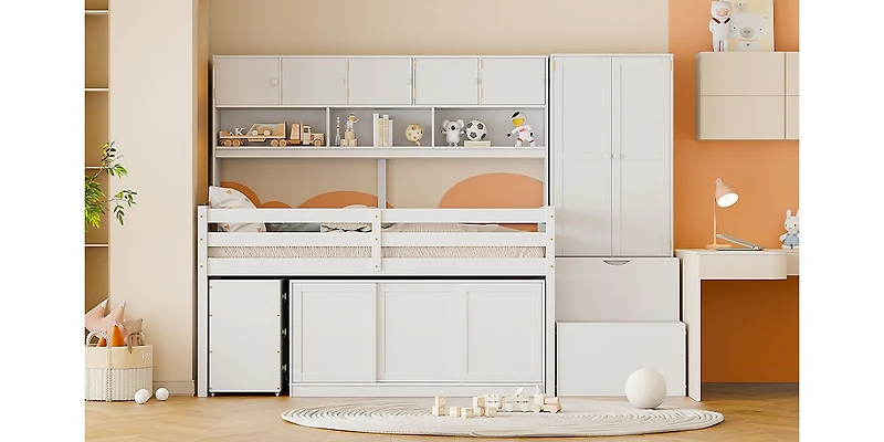 Streamdale Twin Loft Bed with Desk, Storage & Shelves