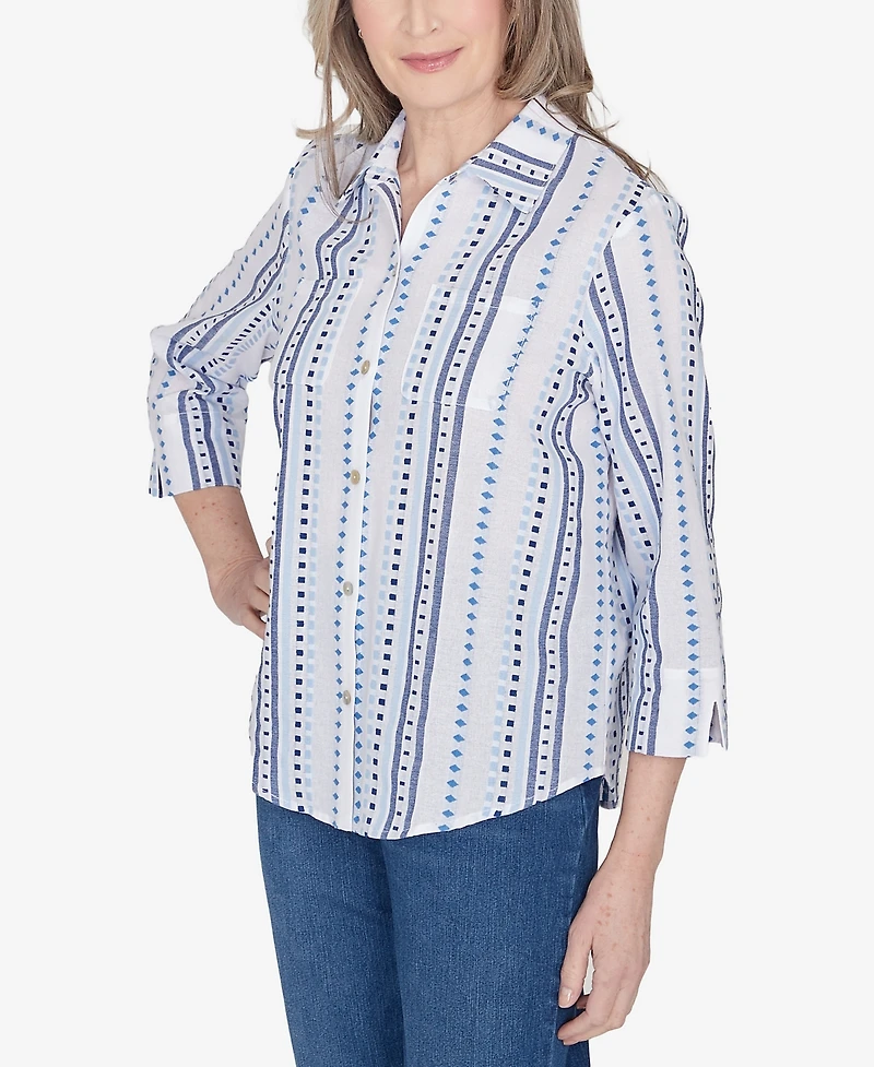 Alfred Dunner Classic Jacquard Stripe Collared Button Down Top