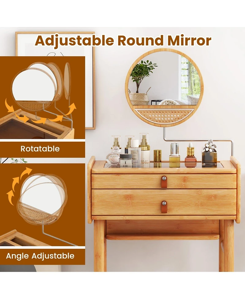 Sugift Bamboo Makeup Vanity Table with Mirror with 2 Storage Drawers