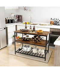 Sugift 3 Shelves Kitchen Island Industrial Prep Table with Bottom Wine Rack