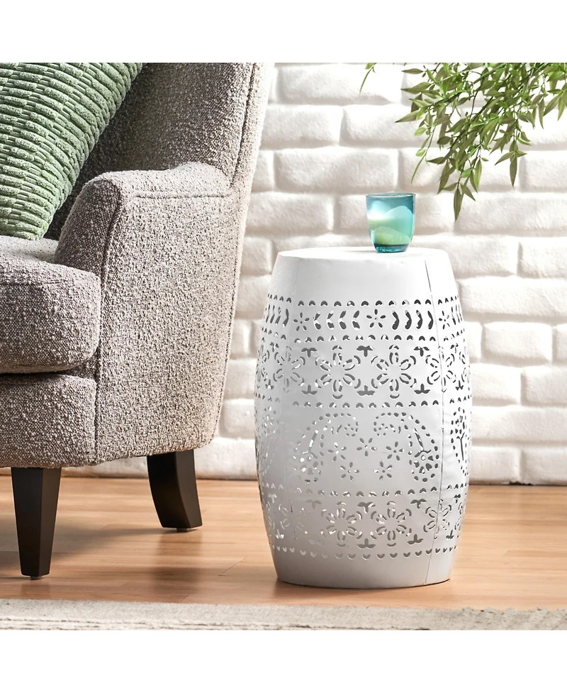 Streamdale Elegant Lace-Cut Barrel Side Table for Indoor/Outdoor Living