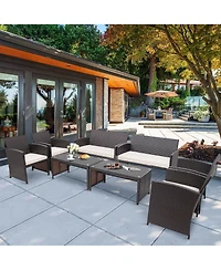 8PCS Patio Rattan Furniture Set Cushioned Chair Sofa Coffee Table White