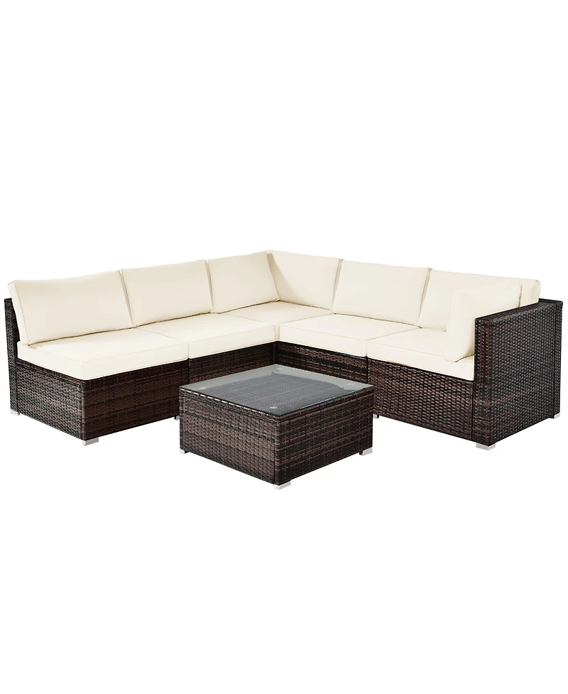 6PCS Patio Rattan Furniture Set Cushioned Sofa Coffee Table Garden