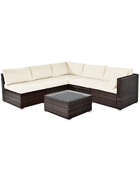 6PCS Patio Rattan Furniture Set Cushioned Sofa Coffee Table Garden