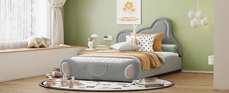 Streamdale Beige Velvet Twin Platform Bed with Bear Headboard and Pocket