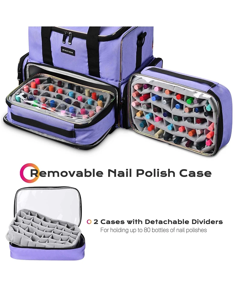 Byootique Double Layer Nail Polish Carrying Case Nail Organizer With 2 Removable Transparent Bags For Manicurists Nail Technicians Makeup Artists,Purp