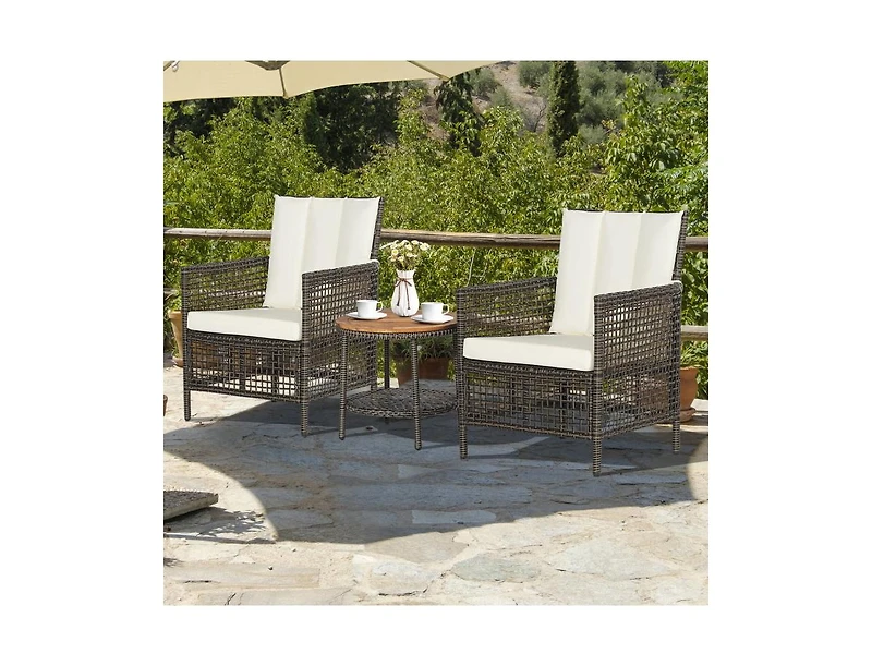 Slickblue 3 Pieces Patio Rattan Furniture Set with Cushioned Sofas and Wood Table Top-White
