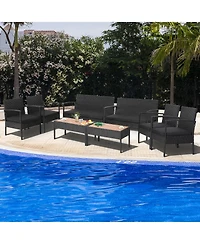 Costway 8PCS Patio Rattan Furniture Set Cushioned Chair Wooden Tabletop