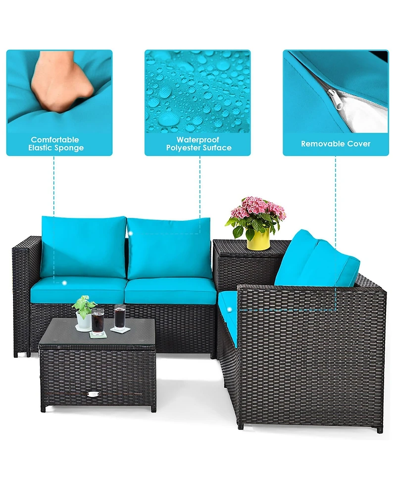 4PCS Outdoor Patio Rattan Furniture Set Cushion Loveseat Storage Table