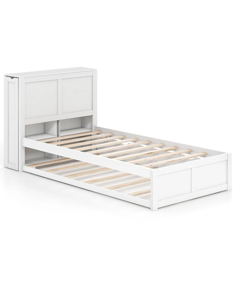Twin Kids Wooden Platform Bed with Trundle Storage Headboard-Twin Size