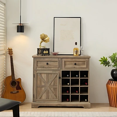 Farmhouse Buffet Cabinet with Wine Storage, Gray Wash 39.37x15.75x34