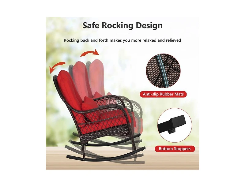 Slickblue Patio Rattan Rocking Chair with Seat Back Cushions and Waist Pillow