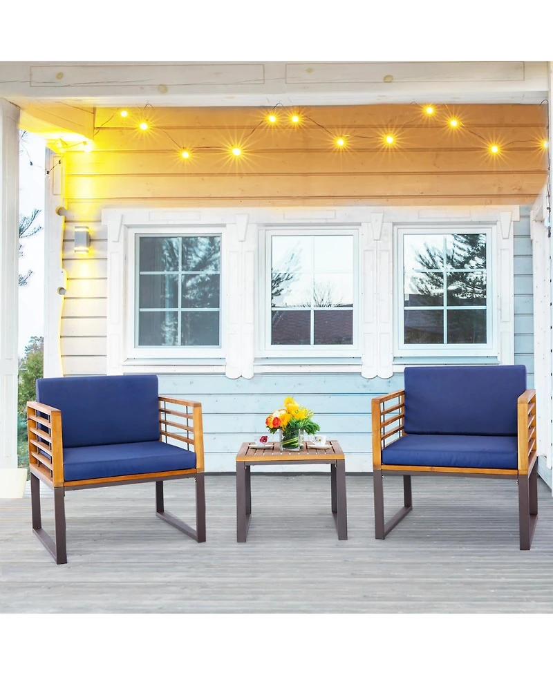 Slickblue 3 Pieces Patio Acacia Wood Conversation Set with Cushioned Armchairs-Navy