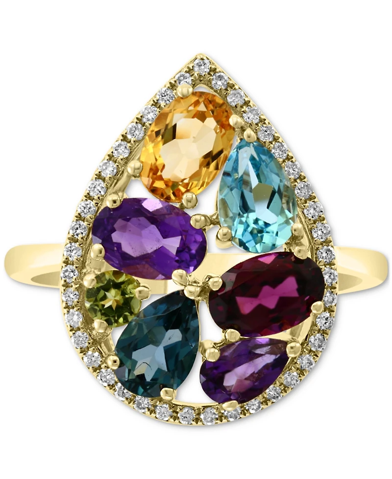 Effy Multi-Gemstone (3-1/4 ct. t.w.) & Diamond (1/6 ct. t.w.) Pear Halo Statement Ring in 14k Gold