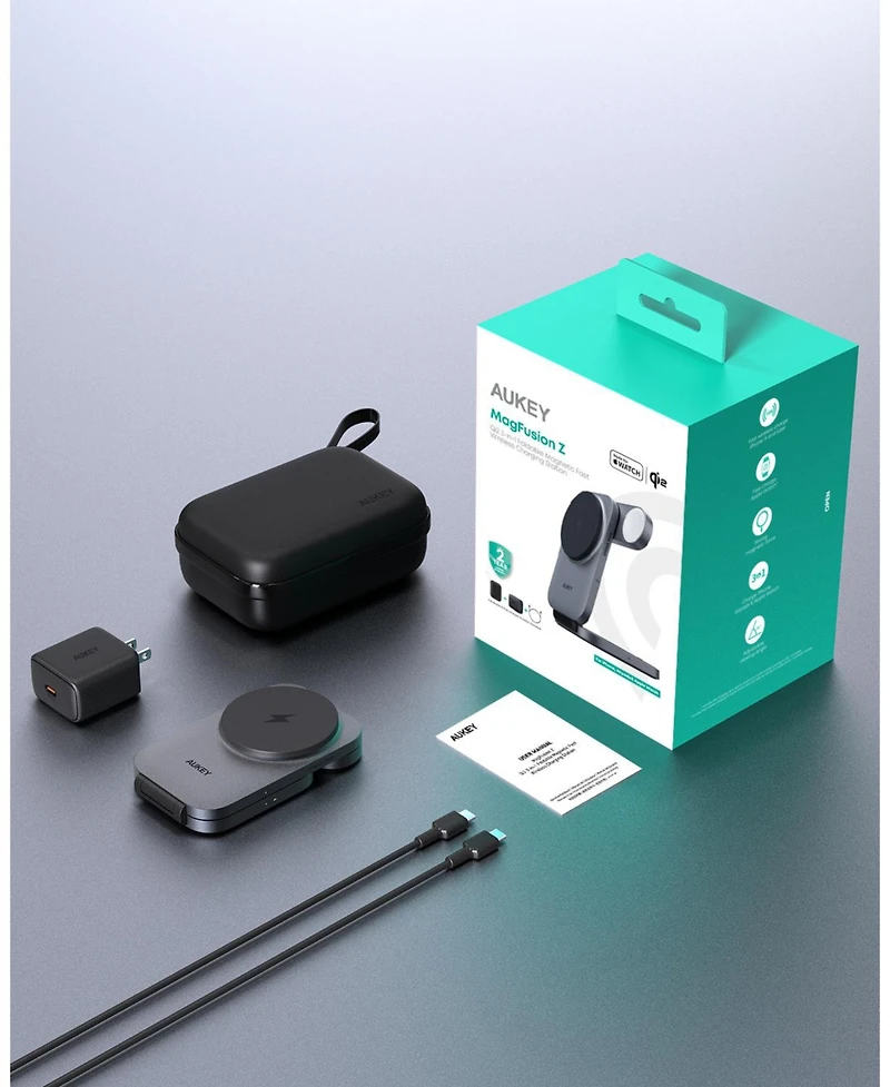 Aukey Lc-MC312 MagFusion Z Qi2 Mfw Certified 3-in-1 15W Foldable Magnetic Fast Wireless Charging Station 1.5ft Usb C-c Cable Included