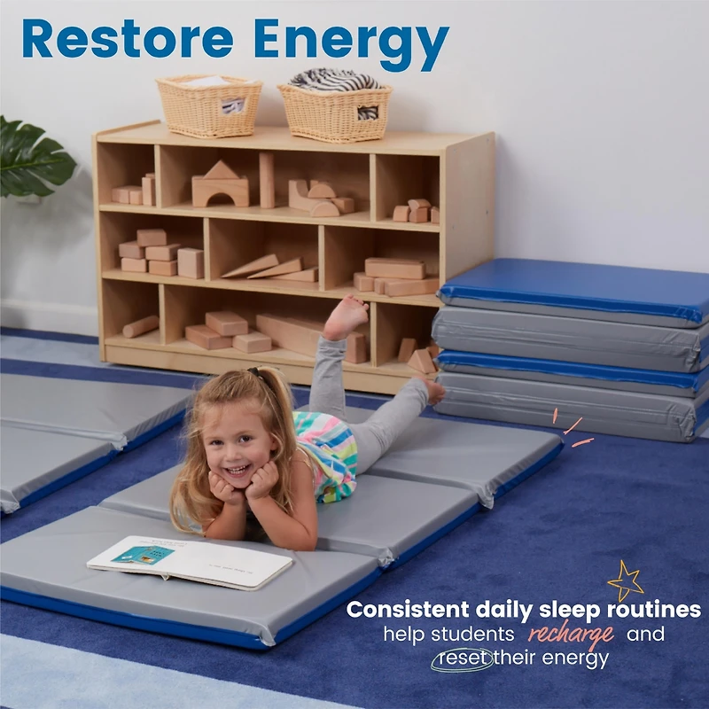 RestZone ECR4Kids Premium Folding Rest Mat, 3-Section, 2in, Blue/Grey, 5-Pack
