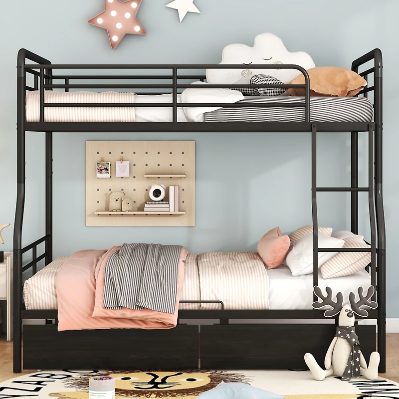 Streamdale Full Xl Over Queen Metal Bunk Bed with 2 Drawers, Black