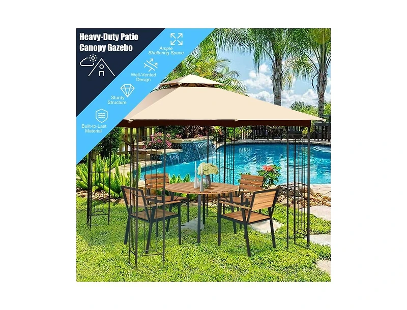 Slickblue 10 x 10 Feet L-Shaped Patio Canopy Gazebo Outdoor 2-Tier Steel Tent-Beige