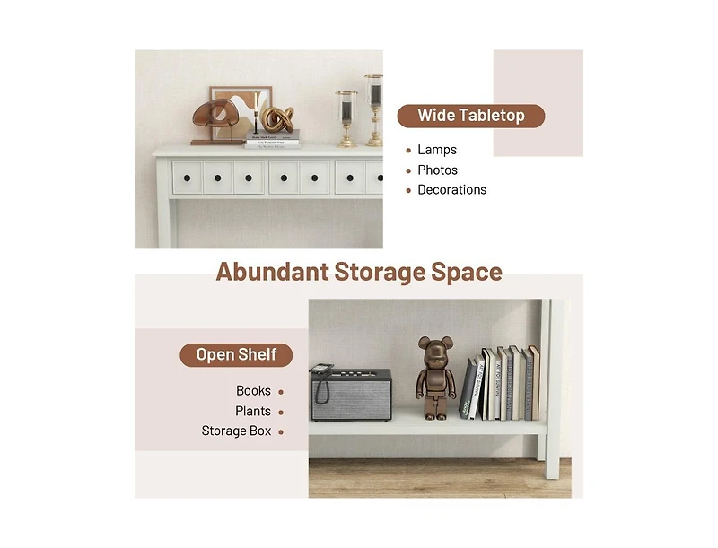 Long Sofa Table with 4 Storage Drawers and Open Lower Shelf for Living Room