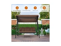 Slickblue Outdoor 3-Seat Porch Swing with Adjust Canopy and Cushions-Coffee