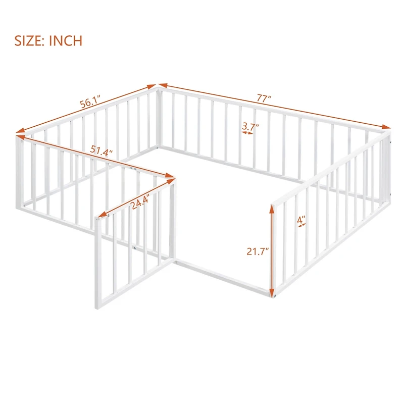 Streamdale Full Metal Floor Bed Frame with Fence and Door, White