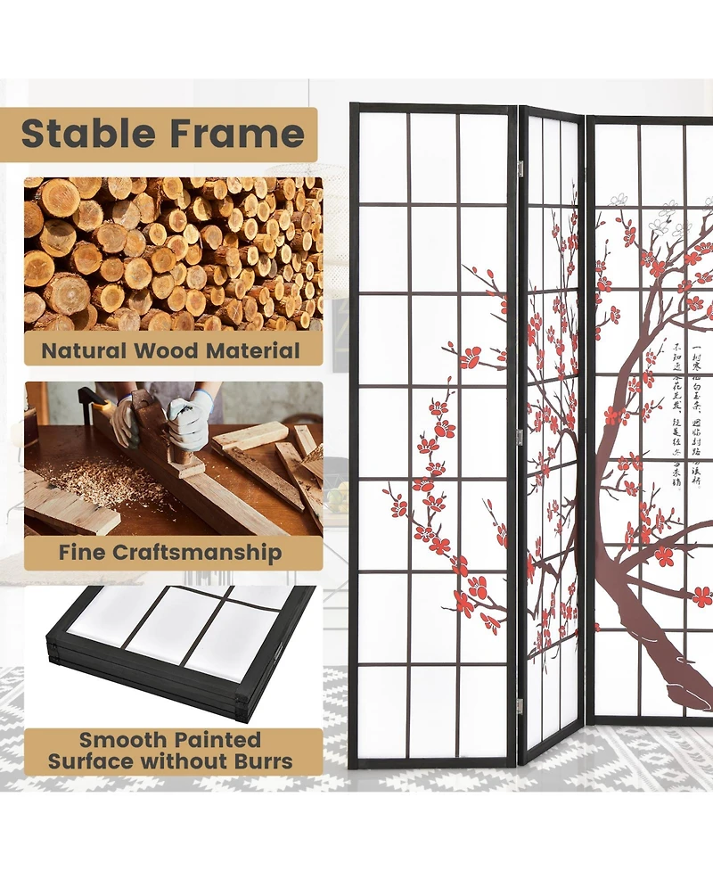Slickblue 6FT Folding Decorative Oriental Privacy Screen with Plum Blossom Design for Home Office-White