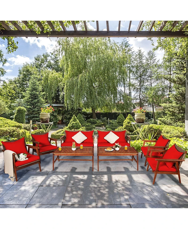 8PCS Patio Rattan Furniture Set Acacia Wood Frame Cushioned Sofa Chair Navy