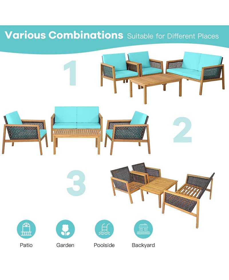 8PCS Patio Rattan Furniture Set Acacia Wood Cushioned Sofa