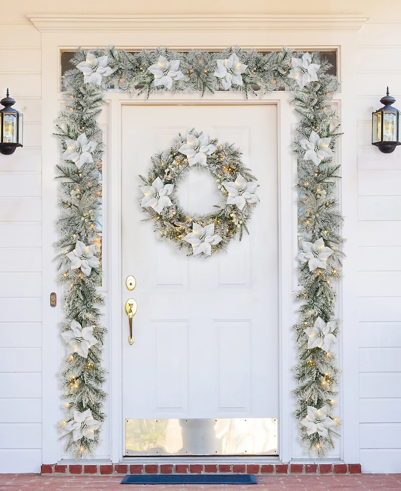 Glitzhome Set of 2 6ft Pre Lit Flocked Greenery Pine White Poinsettia Christmas Garland, with 50 Warm White Lights with Timer, Three Function