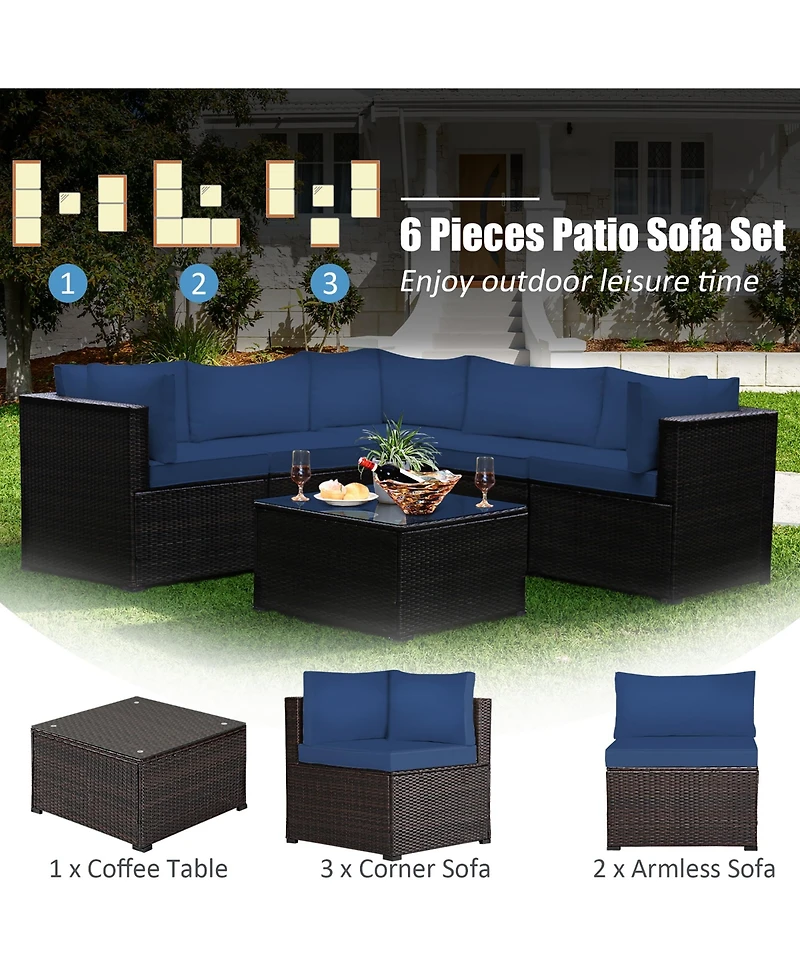 6PCS Patio Rattan Furniture Set Sectional Cushioned Sofa Deck