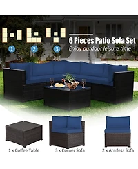 6PCS Patio Rattan Furniture Set Sectional Cushioned Sofa Deck