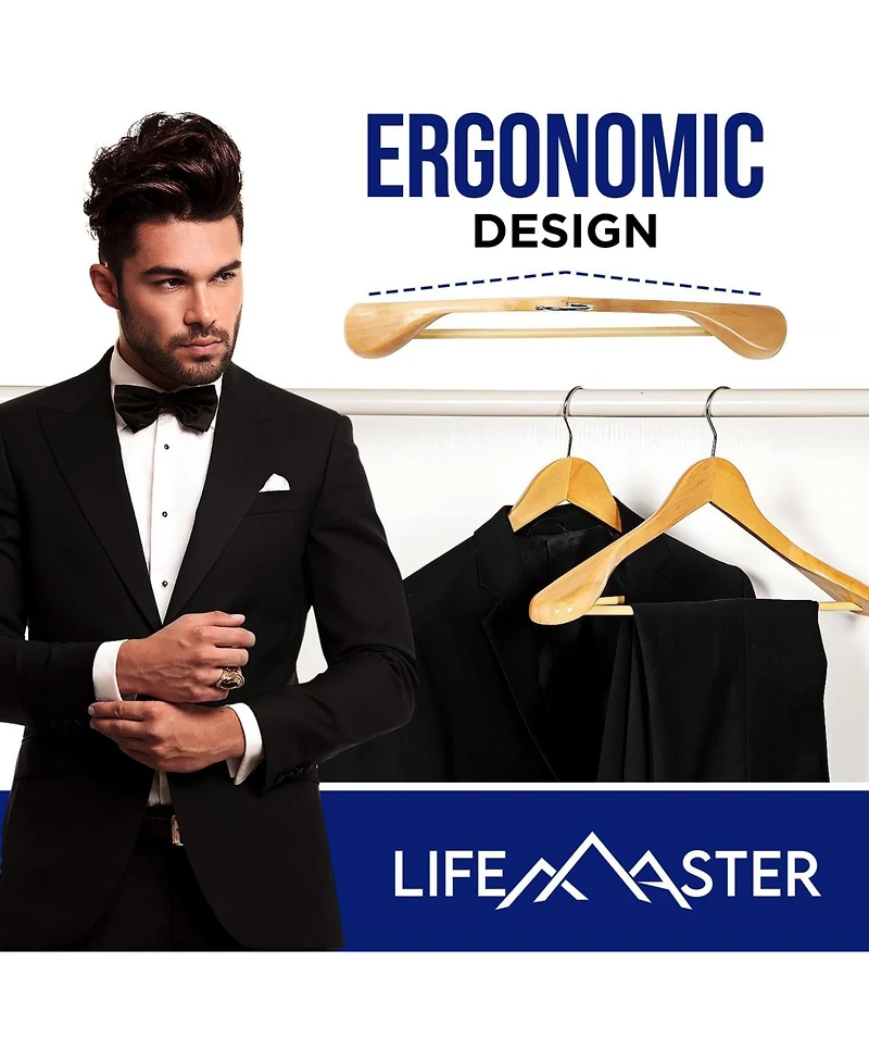 Lifemaster 8piece Wooden Hanger Set: Non-slip, space-saving hangers for suits, coats, jackets, pants and dresses with 360° swivel hooks.