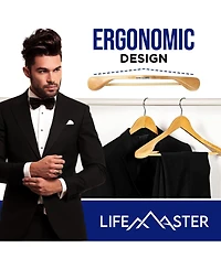Lifemaster 8piece Wooden Hanger Set: Non-slip, space-saving hangers for suits, coats, jackets, pants and dresses with 360° swivel hooks.
