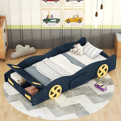Streamdale Blue & Yellow Race Car Platform Bed with Storage