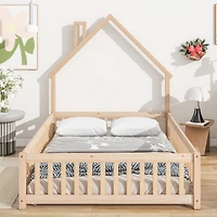 Simplie Fun Full House-Shaped Headboard Floor Bed With Fence, Natural
