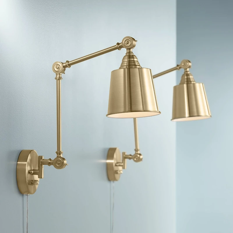 360 Lighting Mendes Modern Swing Arm Wall Lamps Set of 2 Brass Gold Plug-in Light Fixture Metal Shade for Bedroom Bedside Living Room Reading House