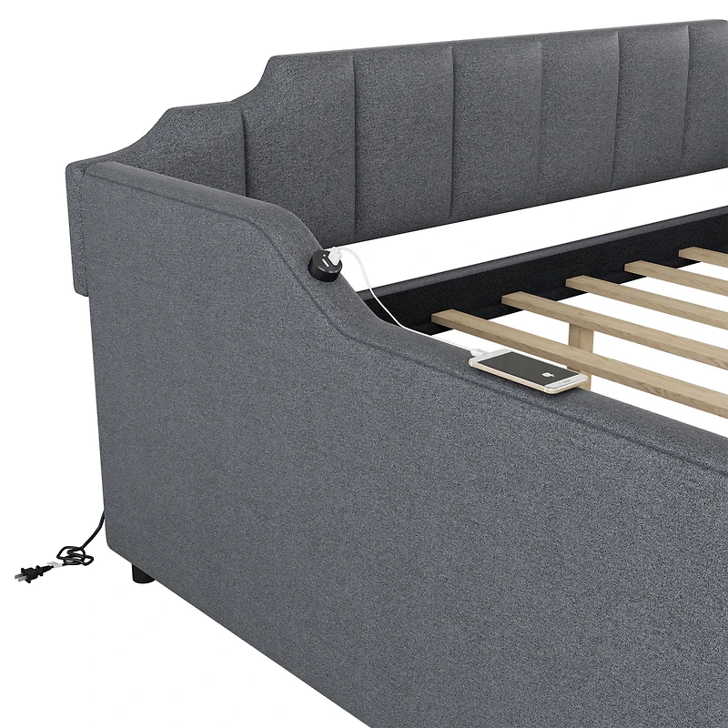 Simplie Fun Full Size Upholstery Daybed With Trundle And Usb Charging Design, Trundle