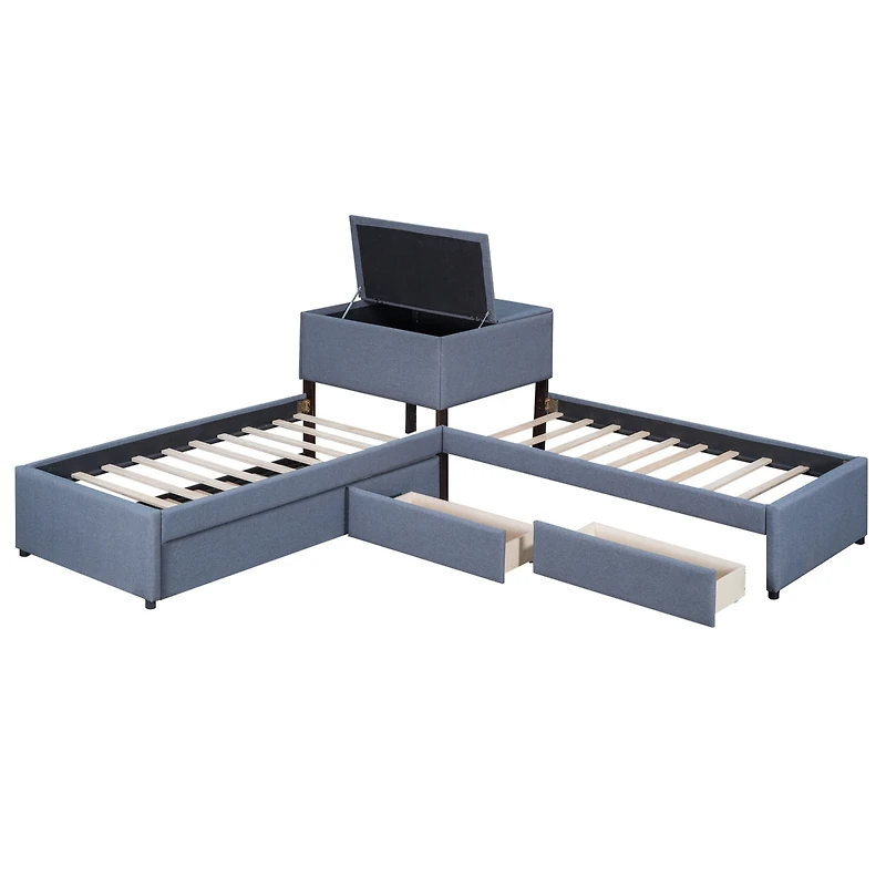 Simplie Fun L-Shaped Upholstered Platform Bed With Trundle And Two Drawers Linked With Built-In Desk