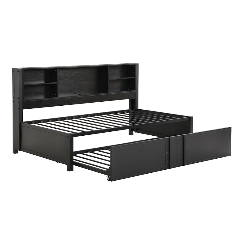 Streamdale Furniture Metal Twin Size Daybed With Twin Size Trundle, Storage Shelves And Usb Ports
