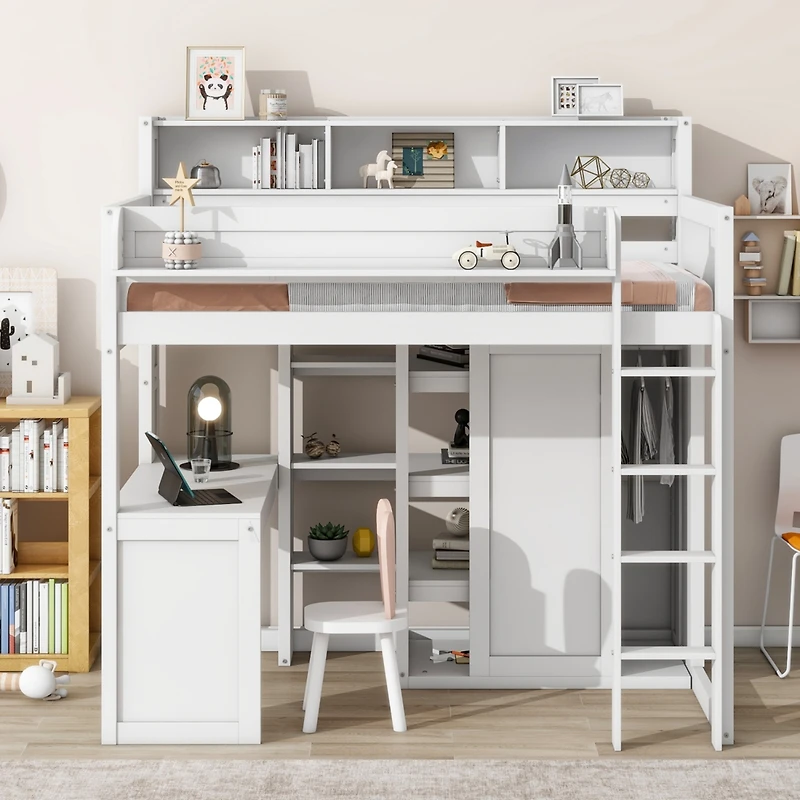 Streamdale Wood Twin Loft Bed With Multiple Storage Shelves And Wardrobe