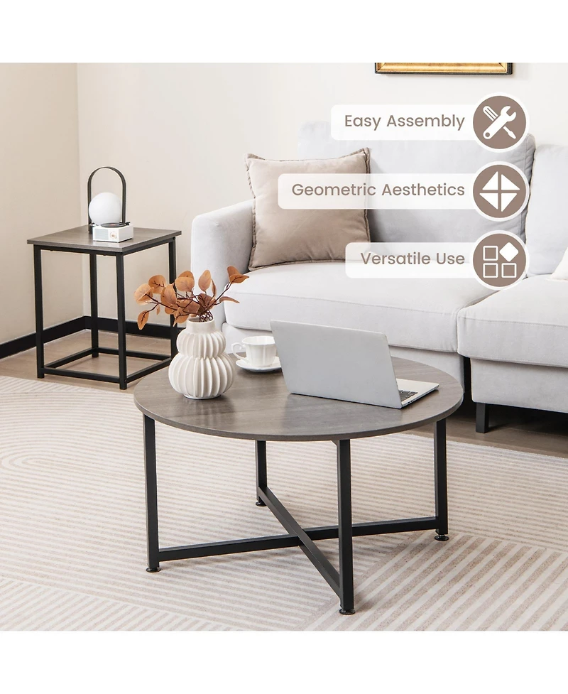 3-Piece Coffee Table Set Round Coffee Table and 2PCS Square End Tables