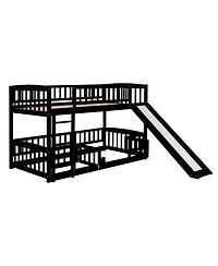 Bunk Bed With Slide, Twin Over Twin Low Bunk Bed With Fence And Ladder For Toddler Kids Teens