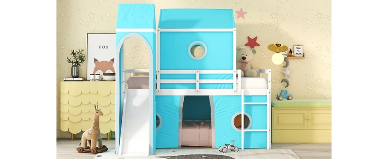 Simplie Fun Twin Size Bunk Bed With Slide Tent And Tower