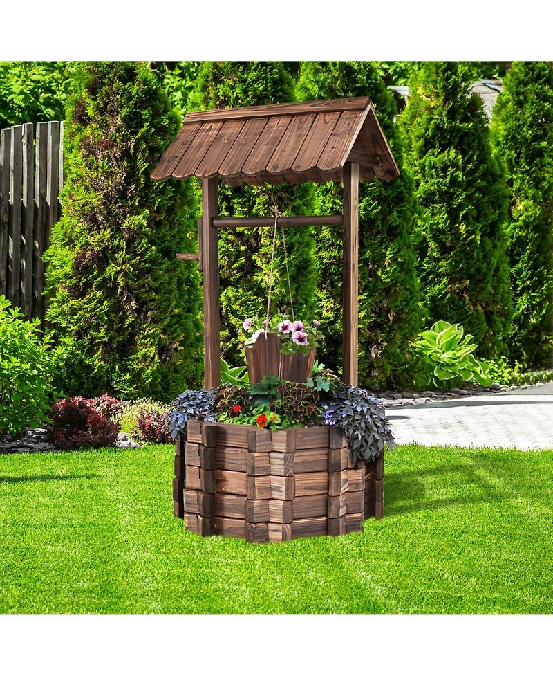 Slickblue Outdoor Wooden Wishing Well Planter Bucket