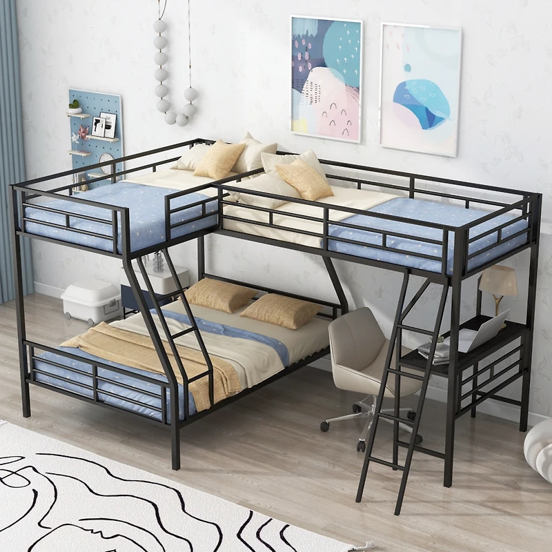 Streamdale Furniture Twin Over Full Bunk Bed With A Twin Size Loft Bed Attached, With A Desk, Metal