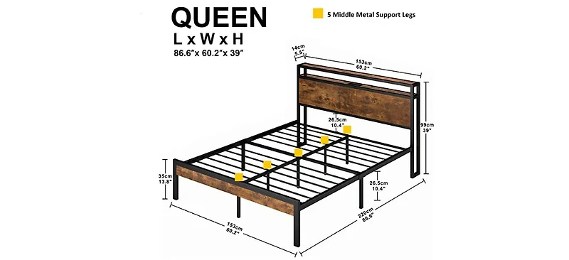 Simplie Fun Queen Size Metal Platform Bed Frame with Wooden Headboard and Usb Liner