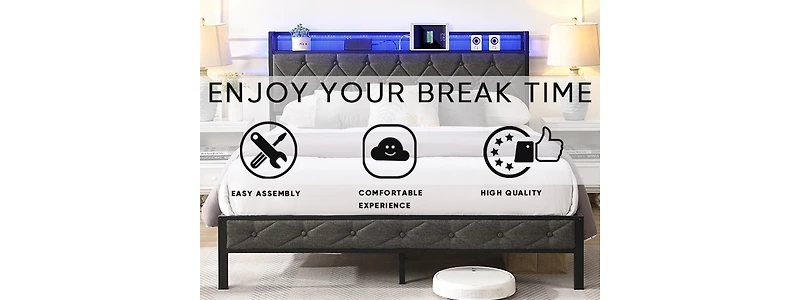 Storage Headboard Bed Frame with Led Lights