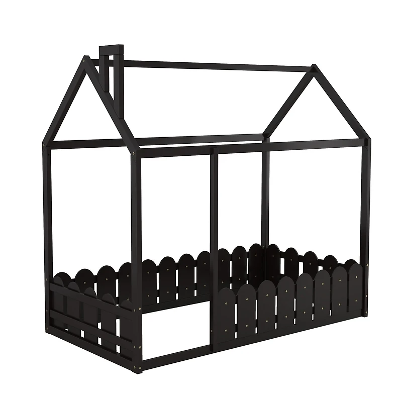 Streamdale Twin Wood Bed House Frame With Fence, For Kids, Teens, Girl